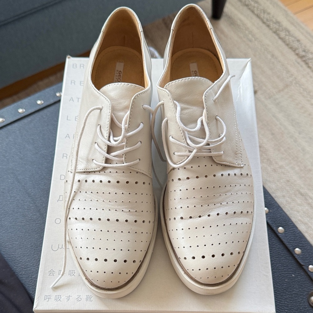 Geox Women's Pearlized White Leather Perforated Platform Shoes